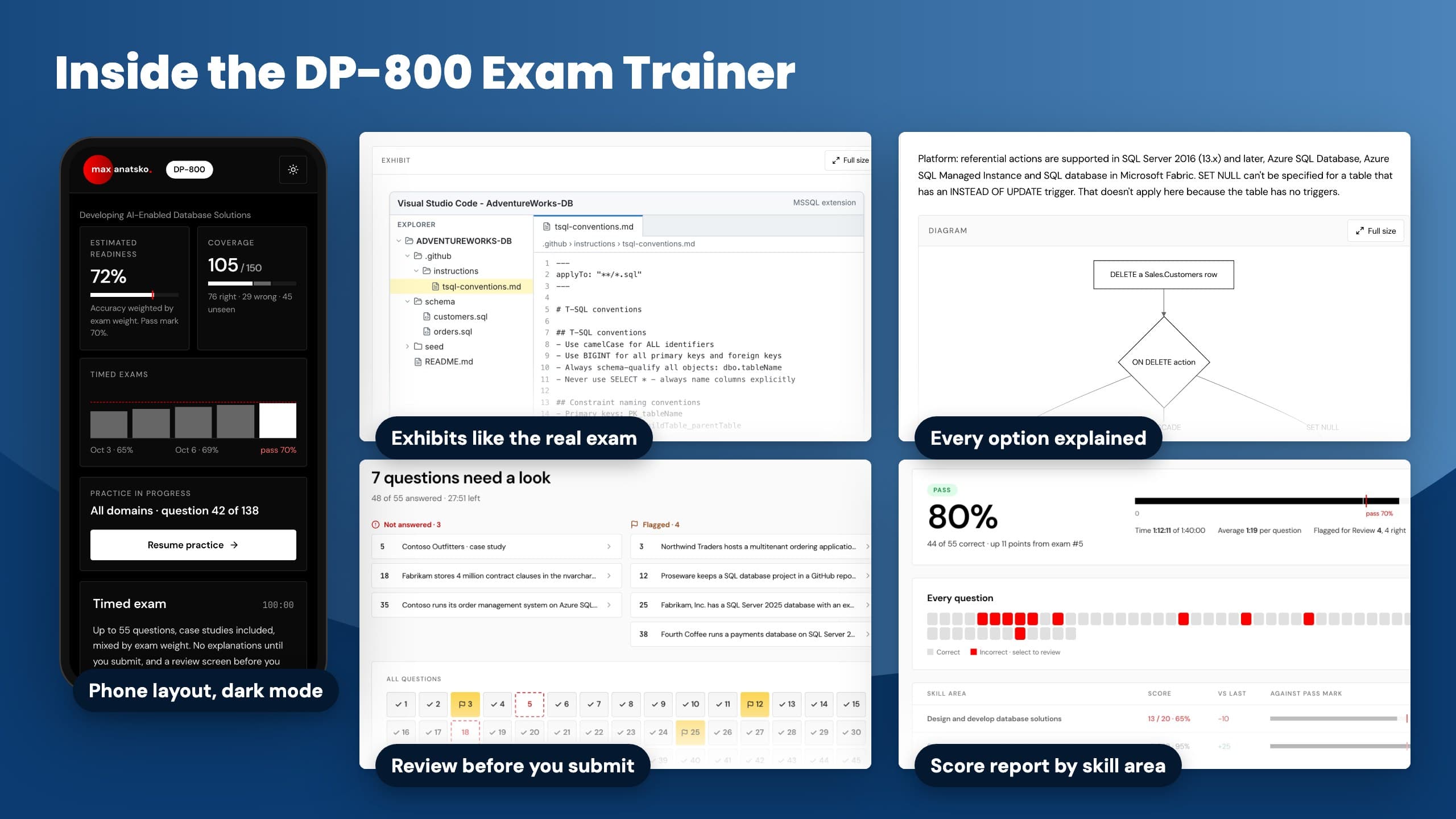 Screens from the DP-800 Exam Trainer: timed mock, explanations, exhibits and case studies